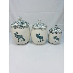 Moose Country Tienshan Folk Craft Canister Set Sponge Cabin 7 1/2, 7, 6 1/2